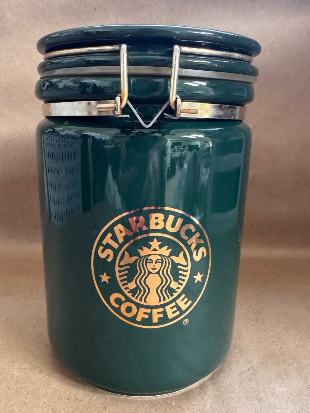 Vintage Starbucks Bee House Japan Green Ceramic Canister. 7.5” by 5”